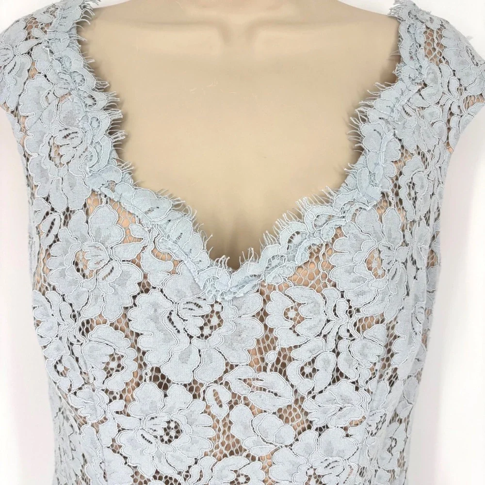 Eliza J Light Blue Floral Lace V-Neck Sheath Dress Eyelash Trim Petite 12P NEW